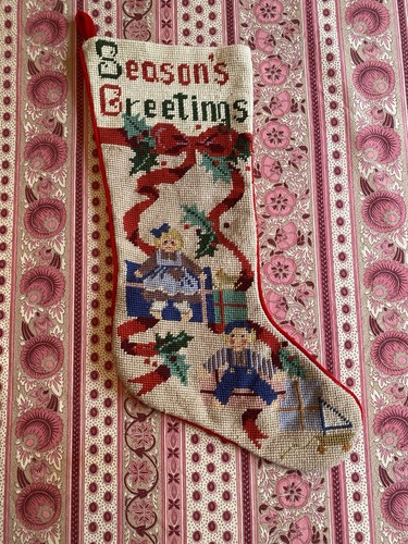 Vintage Needlepoint  Handmade Christmas Stocking Seasons Greetings Dolls Toys