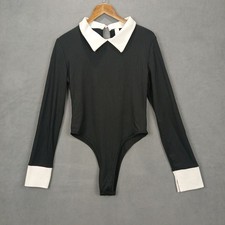 Shein Ribbed Knit Bodysuit Womens Large Black Stretch Keyhole Back Point Collar