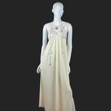 VTG Empire Waist Nightgown Maxi Slip Lingerie Lace Trim Sheer Romantic Boho