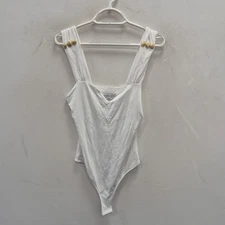 Holland Cooper Gold Buttons White Viscoce V-Neck Chic Elegant Bodysuit Top Small