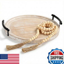13" Whitewashed Farmhouse Round Tray W/ Bead Garland Coffee Table Decor