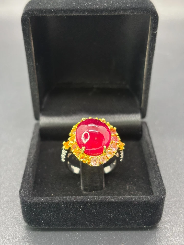 925 Silver & 24KT Gold-Plated Natural Ruby, Tourmaline & Citrine Ring Certified - Image 3 of 4