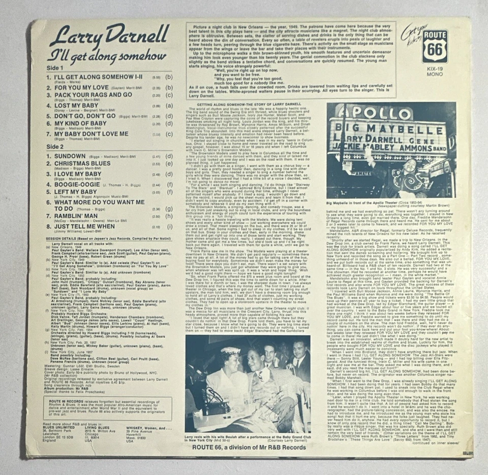 Larry Darnell I'll Get Along Somehow 12" Vinyl LP Route 66 KIX-19 Mono 1982 VG+ - Image 3 of 4