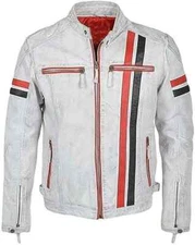 Men's Biker Cafe Racer White Motorcycle Vintage Red Black Stripes Leather Jacket