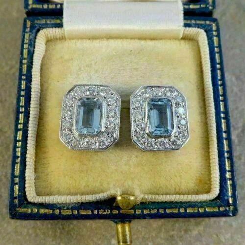 Brincos redondos de pedra branca e água-marinha corte esmeralda 3,45 ct em ouro branco 14k - Imagem 4 de 4