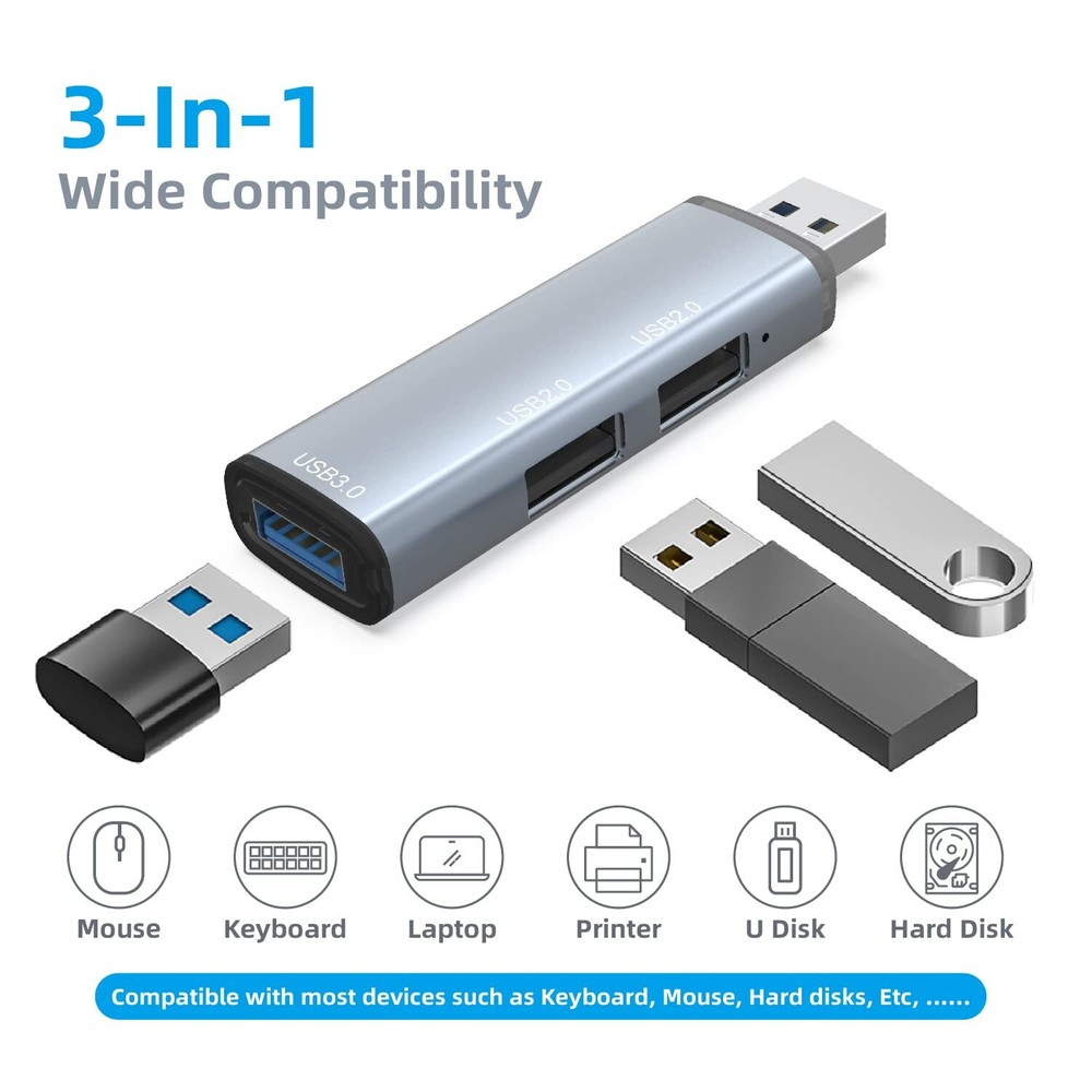 USB 3.0 Hub Splitter with 3 Ports, USB-C Adapter for Data Extension