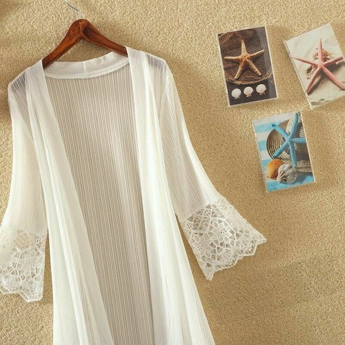 Women Lace Mesh Sheer Long Duster Coat Cardigan Flared 3/4 Sleeve Loose Summer - Picture 4 of 10