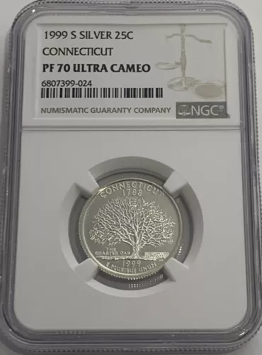 1999 S Proof Silver Connecticut Quarter NGC PF70 Ultra Cameo State 25c White