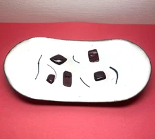 Vintage Mid Century Modern Artisan Oval Trinket Dish White Burgundy Design