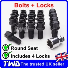 20 BLACK ALLOY WHEEL BOLTS + LOCKS + KEY FOR SKODA (M14x1.5) RADIUS SEAT NUT LUG