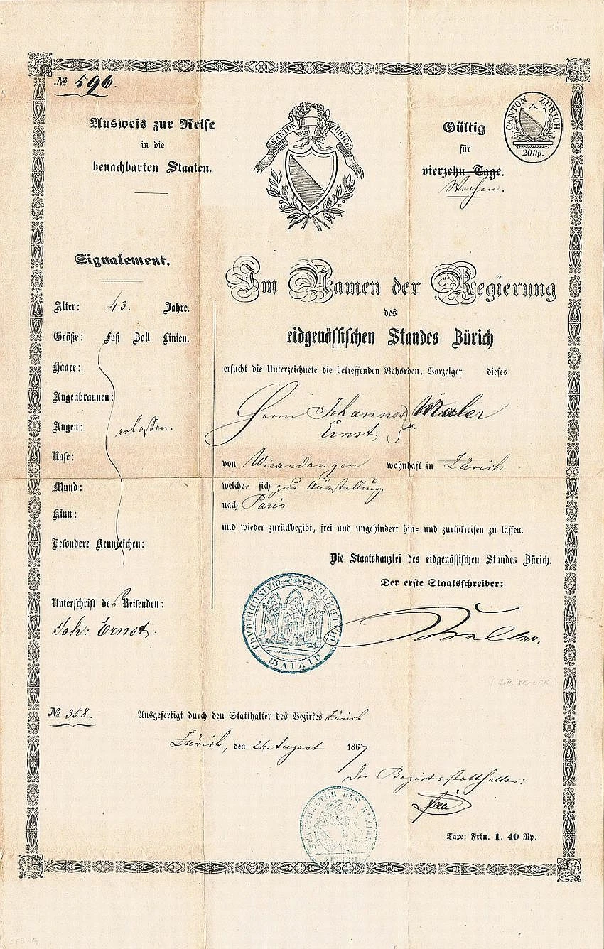 Gottfried Keller 1819-1890 Autogramm Dokument signiert Pass Schweizer Dichter Schriftsteller - Bild 1 von 1