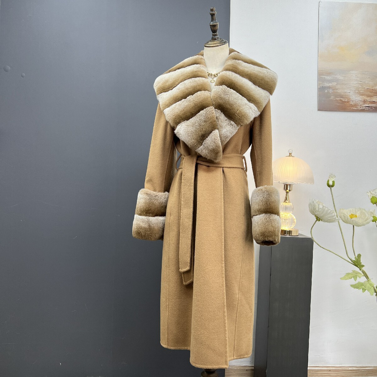 Womens Real Rex Rabbit Fur Collar Over Knee Long Trench Coat 100