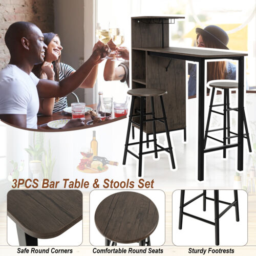 3Pcs Bar Table Chairs Set Industrial Pub Table 2 Stools Storage Shelf Wine Rack - Picture 5 of 10