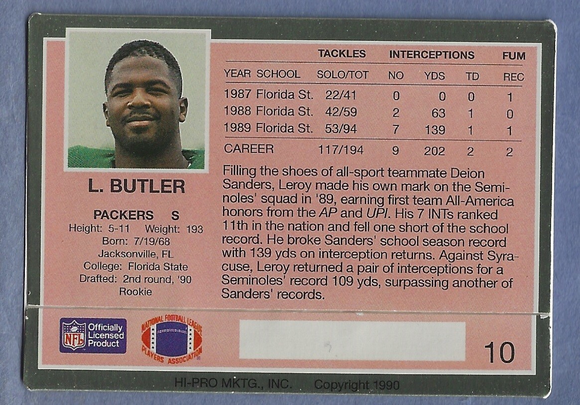 1990 Action Packed Rookie Update Football #10 Leroy Butler Rookie ...