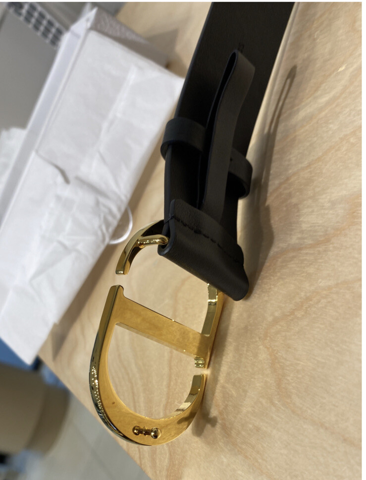 Christian Dior Black Calfskin Leather -CD Logo Belt Buckle Gold