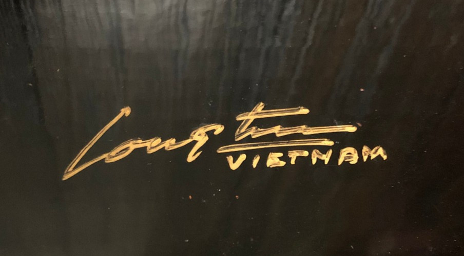 Vintage Asian/Vietnam Wood w/Black Laquer/Brass/Painted Fish/Jewelry Cabinet/Box