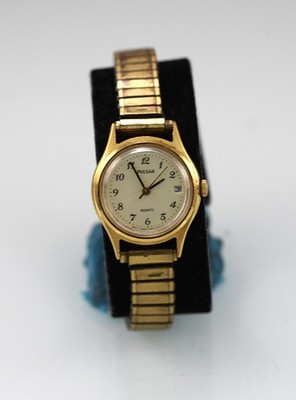 Pulsar Damen Uhr Edelstahl Gold Dehnbar Armband Beige Batterie Datum Quarz WR