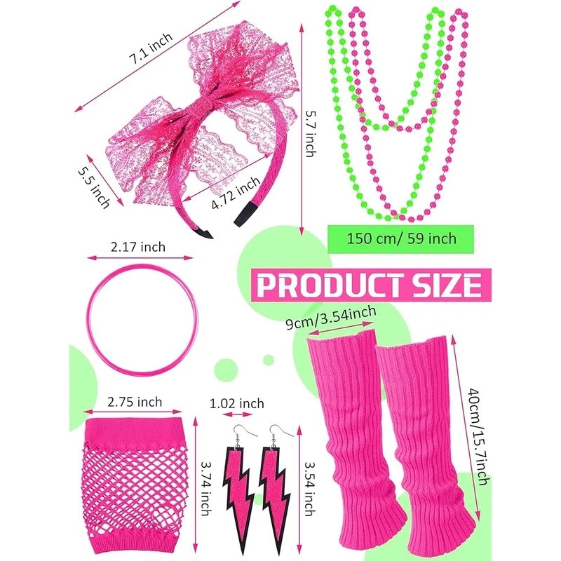 Conjunto de Disfraz Años 80 Mujer 19 Piezas Conjunto Retro Baile de graduación Accesorios Fiesta de Halloween EE. UU. Foto 4 de 4