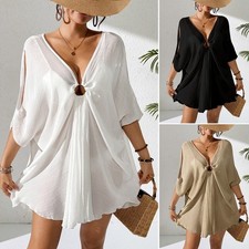 Beach Cover Up Dress V Neck Kaftan Batwing Sleeve Tunic Bikini Coverups Smock UK
