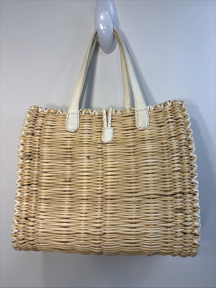 En Shalla Boho Western Coastal Wicker Kid Leather Fringe Woven Basket Tote - Image 2 of 4