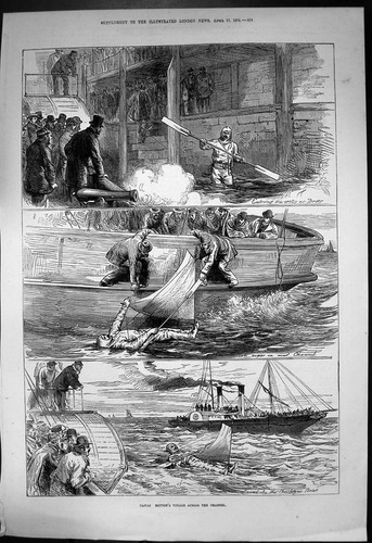 Old Print Captain Boytons Voyage Across Channel Dover Boulogne Boat 1875 19th