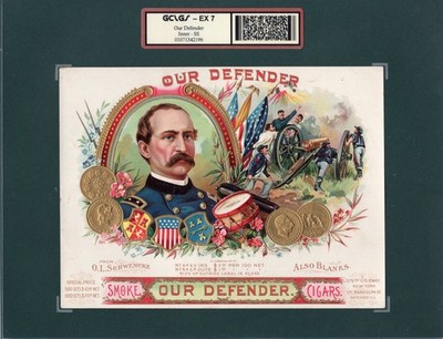 EX RARE Old Original OUR DEFENDER Sample Cigar Label - O.L. SCHWENCKE LITHO.