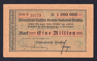 Dresden Stadtgirokasse 1 Million Mark 15.8.1923