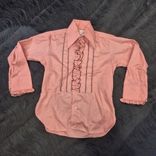 VTG After Six Ruffled Tuxedo Shirt Pink Salmon Prom Disco Costume Size 11 Age 6