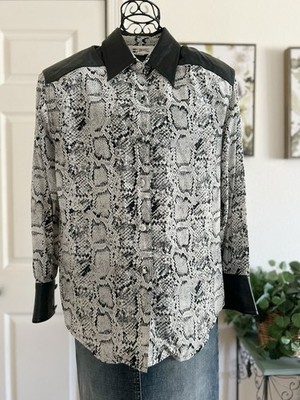 VTG Cache Animal Print Silk And Genuine Leather Button Down Blouse Long Sleeve S