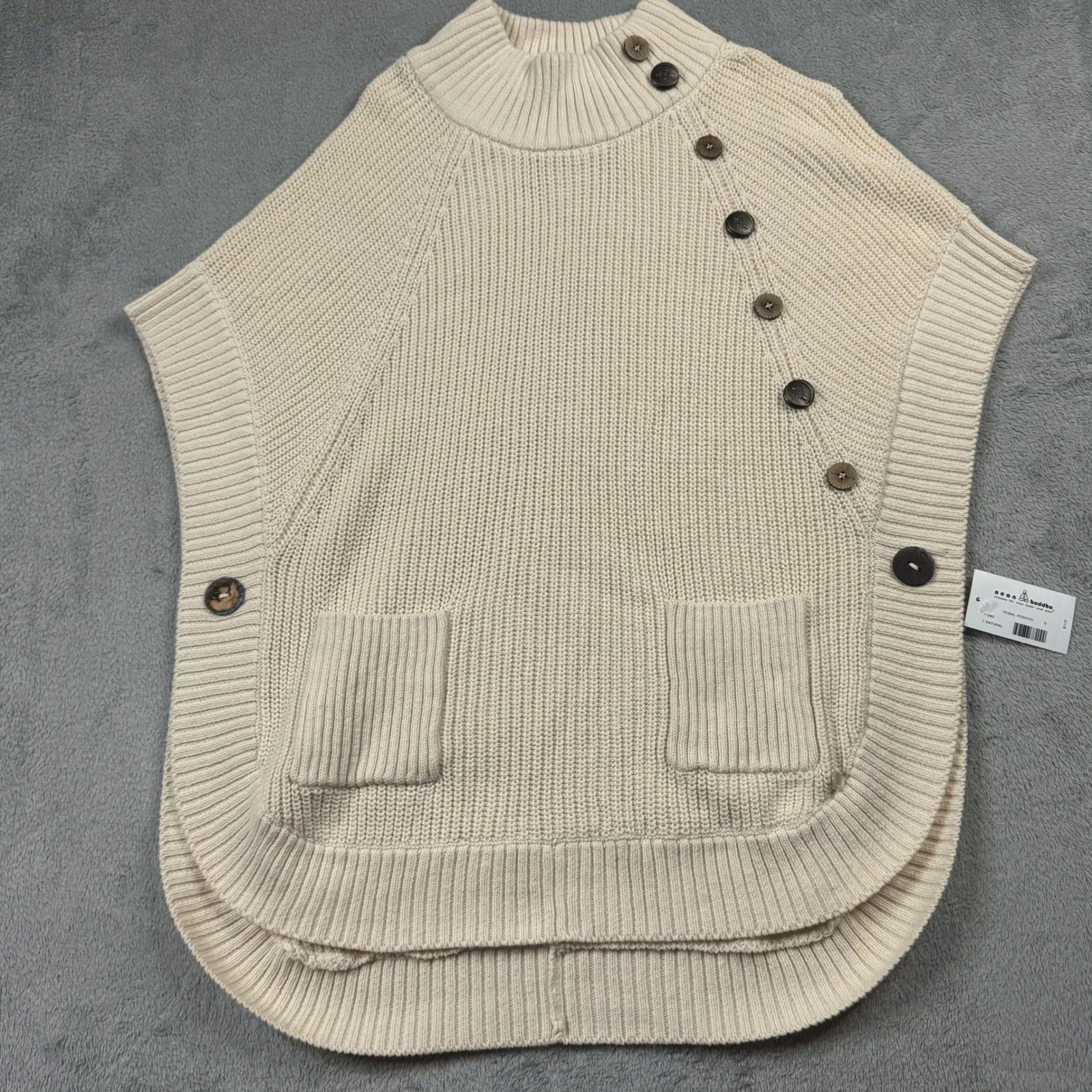 NWT Neon Buddha Pure Knits Tribal Poncho Sweater Cream Cotton Mock Neck Small