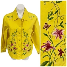 Victor Costa Jacket Womens Medium Yellow Denim Embroidery Floral Work Office