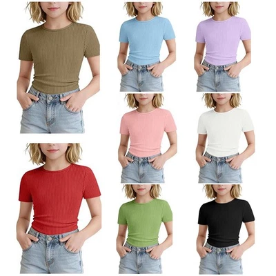 Mädchen Spitze Versammlung Gerippt Kurzarm Tee Schule Tailliert Urlaub T-Shirt - Bild 1 von 3