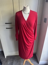 Susan Graver Cowell Neck Midi Dress Large Red Stretch ruffle effect evening