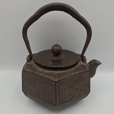 Antique Japanese Iron Tetsubin Tea Kettle Hexagonal Cast Iron Ryubundo Era Pot