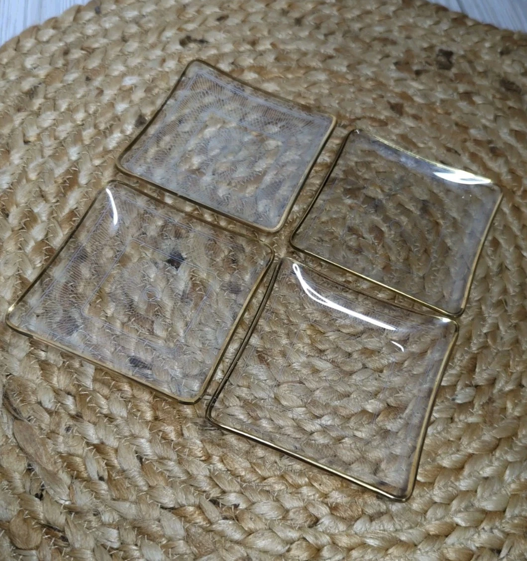 VINTAGE Intricate LACE Pattern GOLD Trim Clear GLASS Trinket Relish Butter Pats