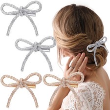 4 Pcs Bow Hair Clips Sparkly Crystal Rhinestone Bling Bowknot Clips Silver an...