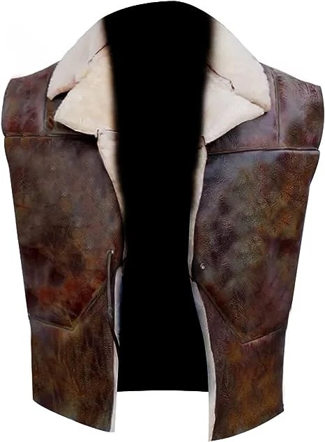 Clint Handmade Real Fur Eastwood Man with no Name Brown Distressed Leather vest - product detail image 3
