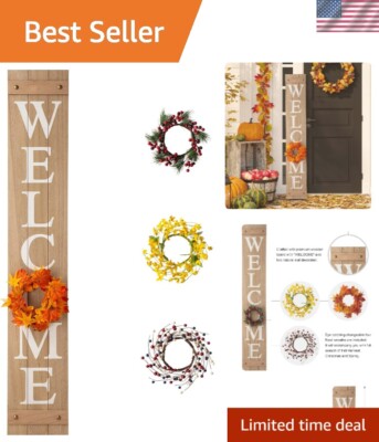 Welcome Sign with 4 Interchangeable Floral Wreaths for Front Door Porch, Farm...