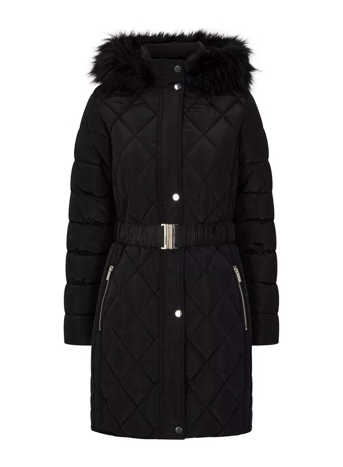 Ex Brand Womens Padded Long Jacket Quilted Belted Faux Fur Hooded Ladies Coat — 第 3/4 张图片