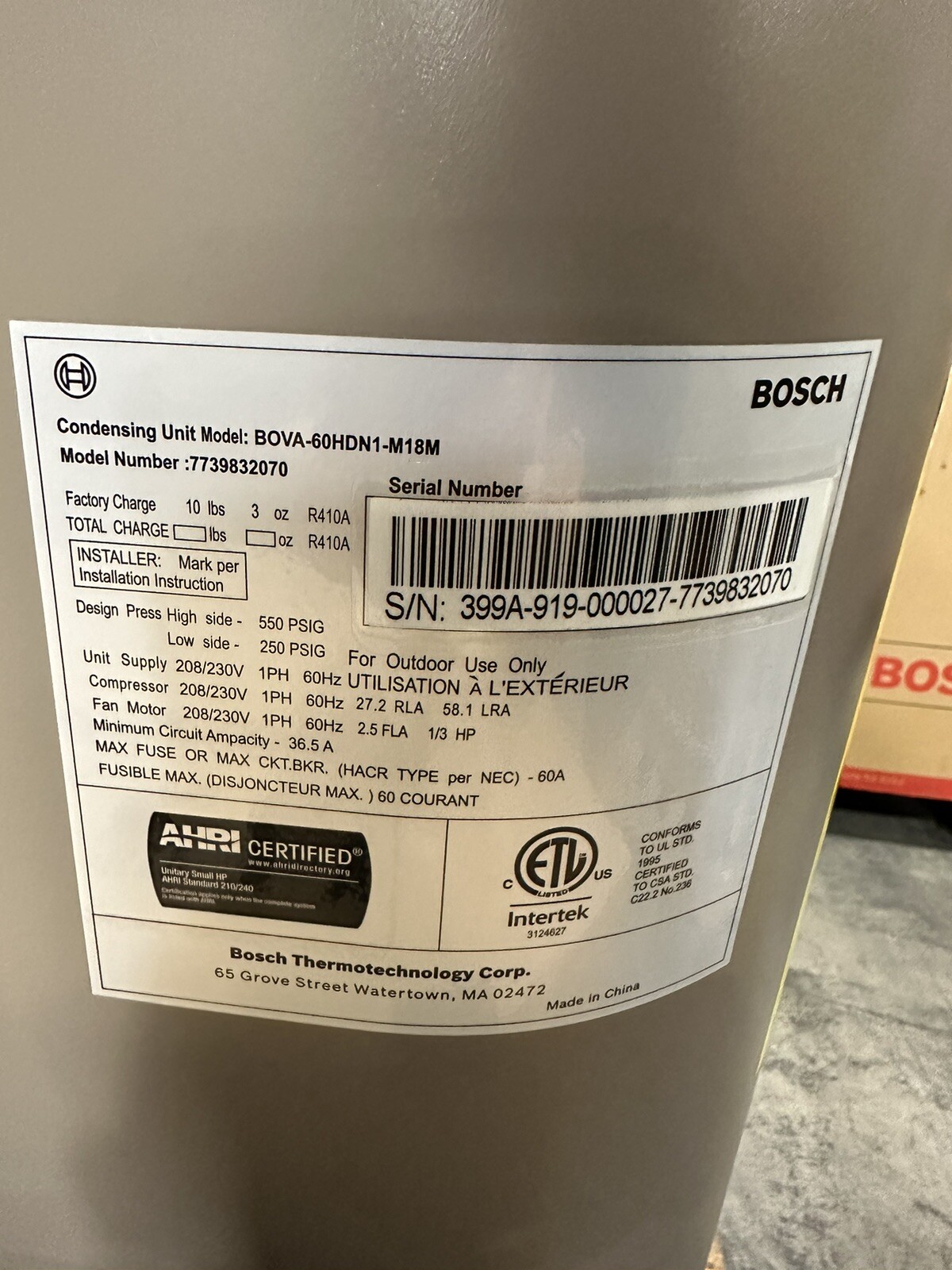 BOVA60HDN1M18M 45 Ton 18.5 SEER Inverter Variable Speed Bosch Heat