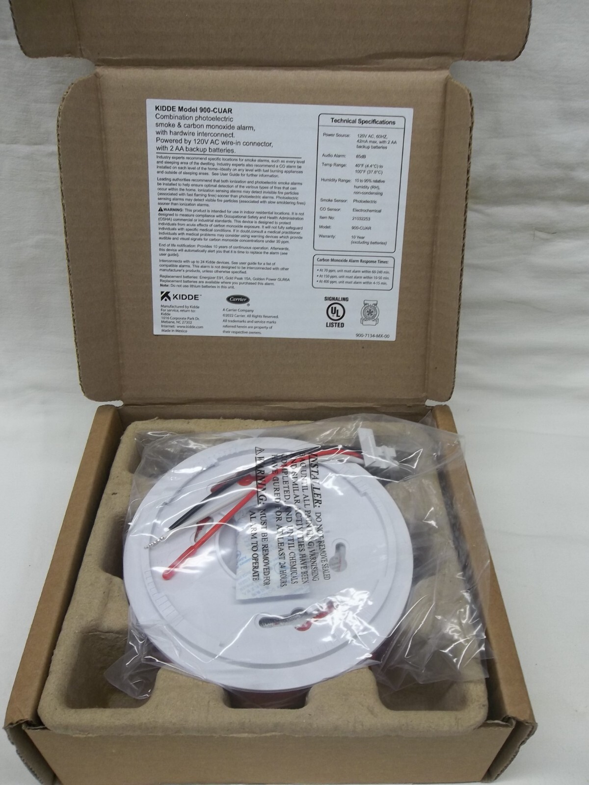 KIDDE 900CUAR SMOKE & CARBON MONOXIDE DETECTOR HARDWIRED WITH BATTERY