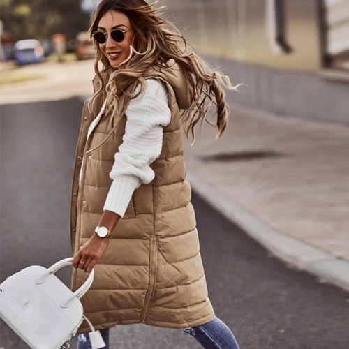 Winter Women's Hooded Quilted Zipper Vest Thick Vest Long and Warm - Foto 9 di 20