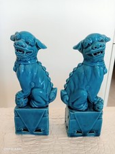 COPPIA DI CANI FO LEONE CINESE IN PORCELLANA VINTAGE SMALTATA TURCHESE 15 CM