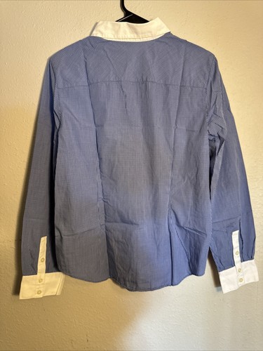 Willi Smith Shirt Blouse Large Womens Blue and White Plaid Fitted Long Sleeve - Picture 9 of 9