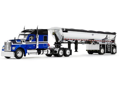 Kenworth W990 76'' Mid-Roof Sleeper and MAC Half Round End Dump Trailer Blue and 