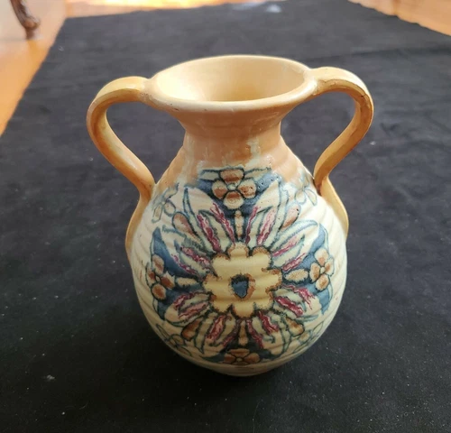 Weller Pottery Barcelona Vintage Handled Vase 6¼"  Floral Marked Weller