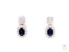 Sapphire and Diamond Halo Small Drop Earrings in 14K White Gold