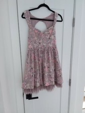 Fit Flare Dress Womens Medium Pink Gray Floral Sleeveless Hole Back