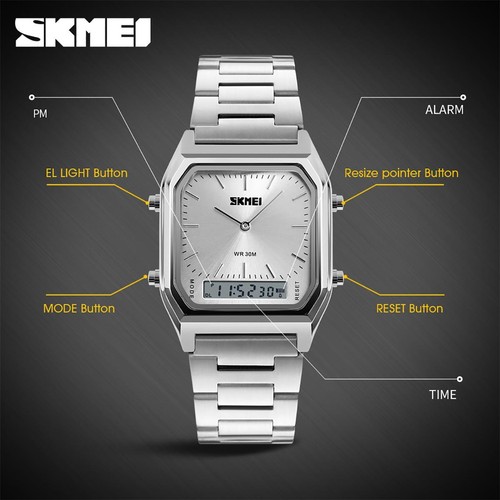 Reloj Hombre Plateado Clásico Retro Doble Hora Digital con Alarma y Fecha - Imagen 3 de 7