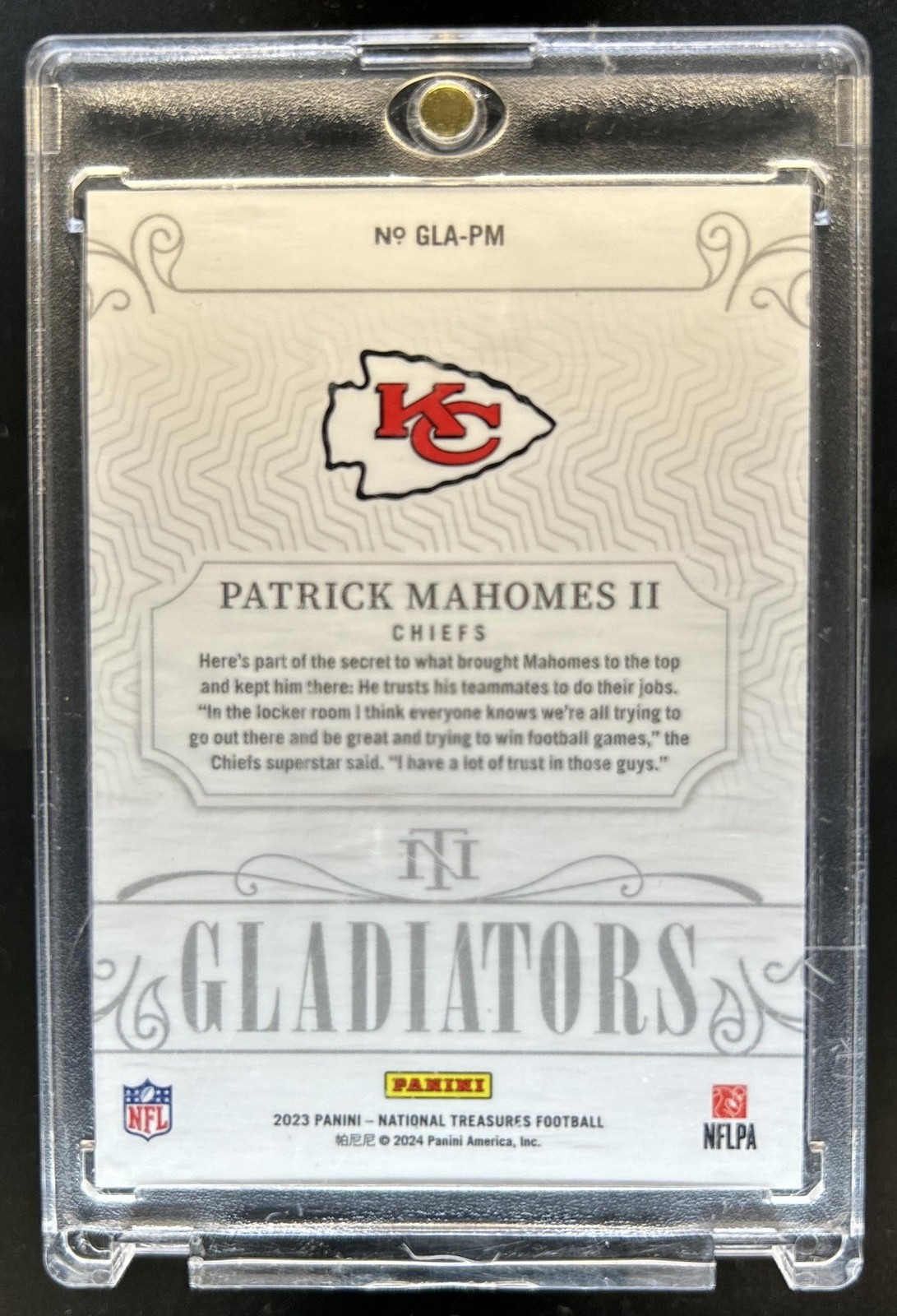 2023 Panini National Treasures Patrick Mahomes II Gladiators #/50 Chiefs view 2